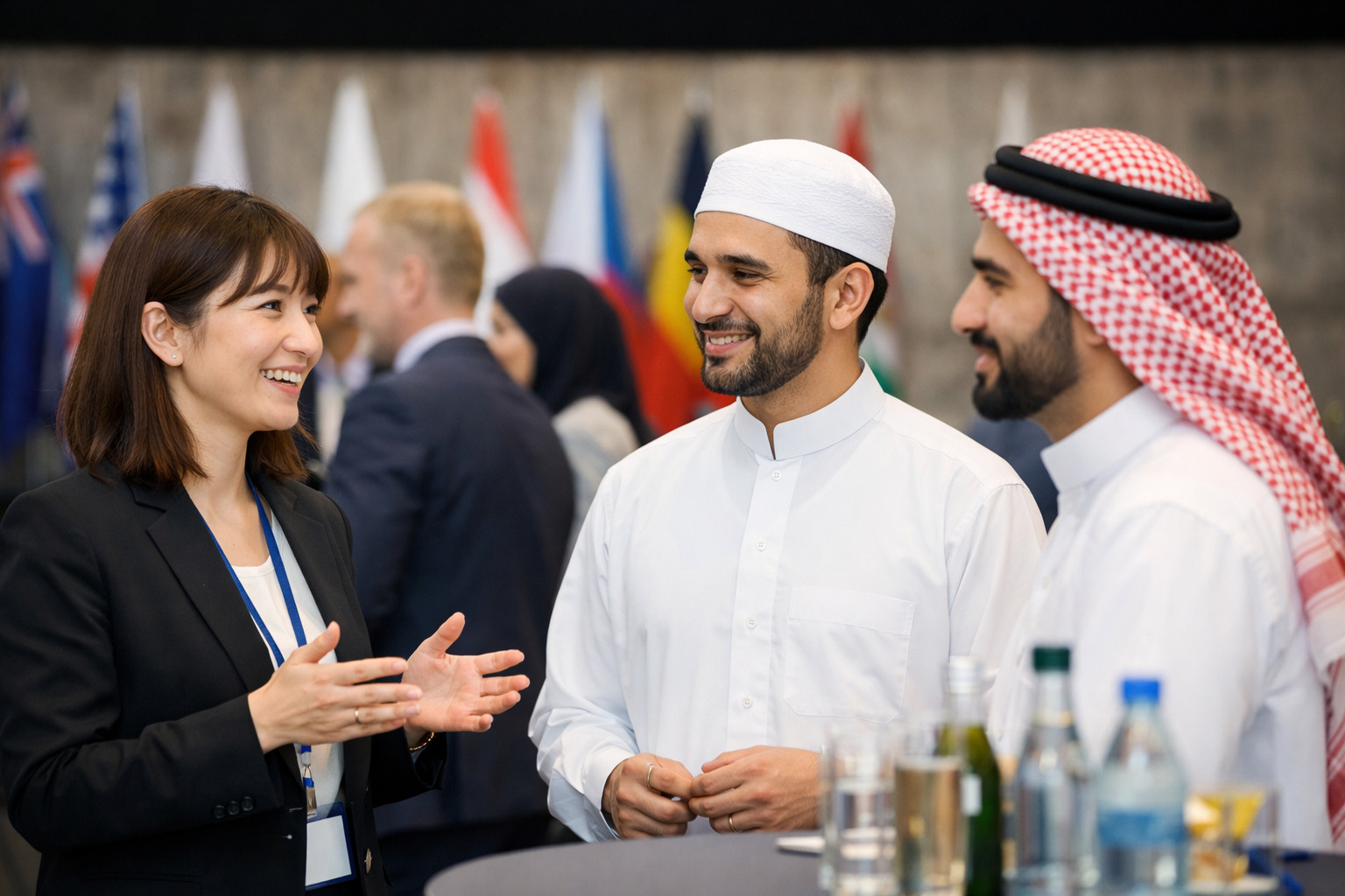 ムスリムの方に案内する日本人