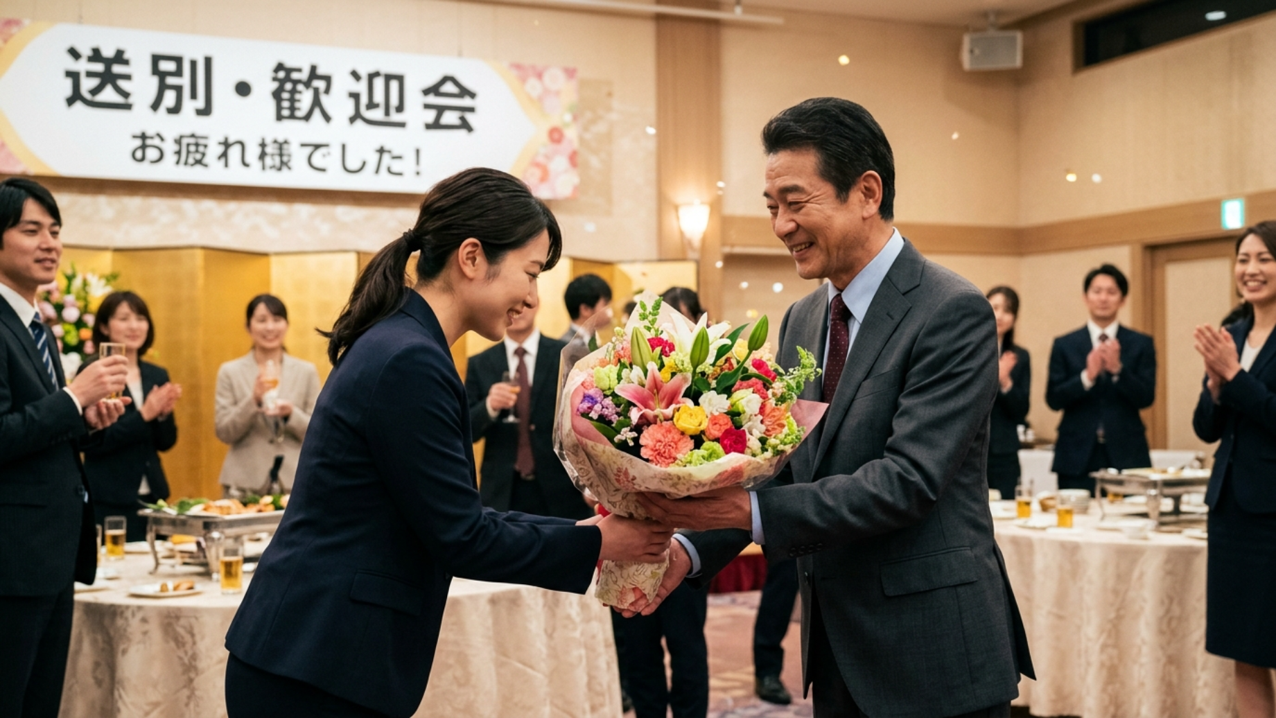 花束で送り出す様子