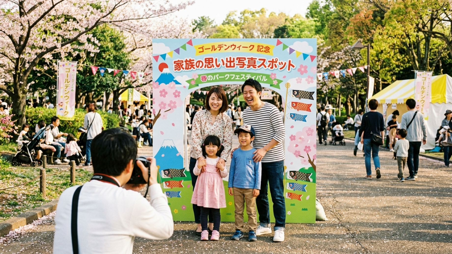 写真スポットで写真を撮る家族