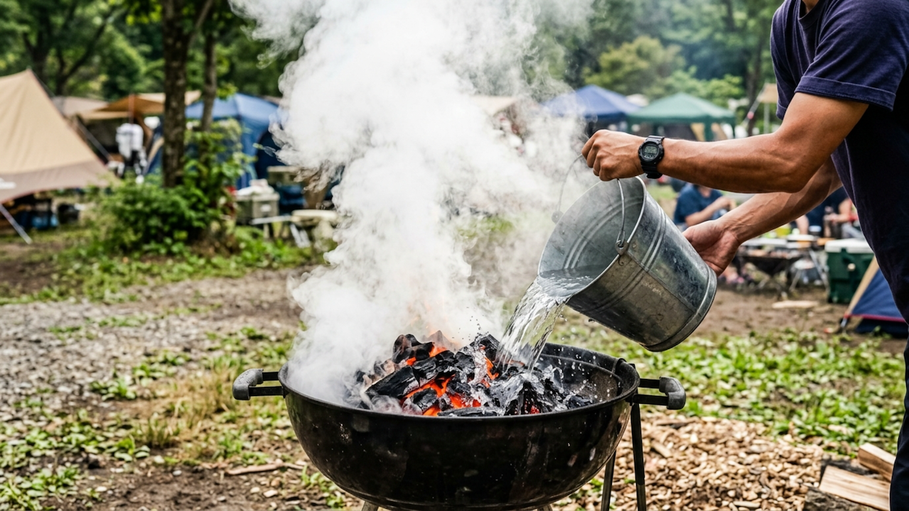 使い終わったBBQコンロに水を入れる