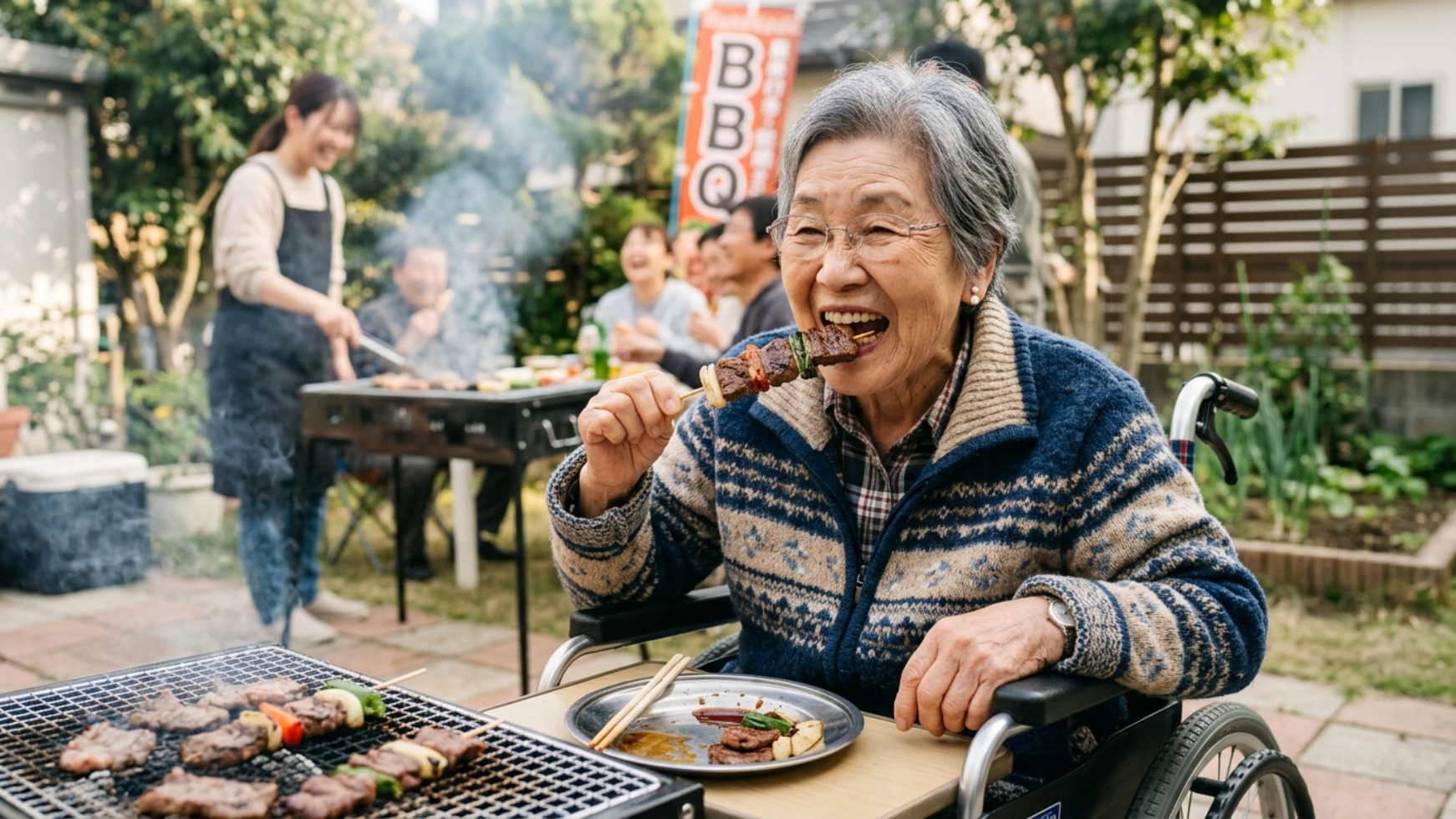 おばあちゃんがBBQ串を頬張る