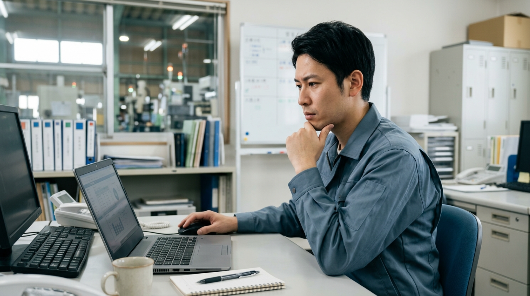 社内で考える男性